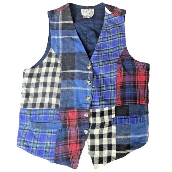 Vintage 90s Streetwear Womens Medium Faded Quilt Patchwork Suit Vest Jacket - Picture 1 of 6